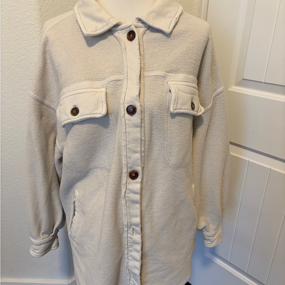 Free People Cream Teddy Jacket with Button-Up Front